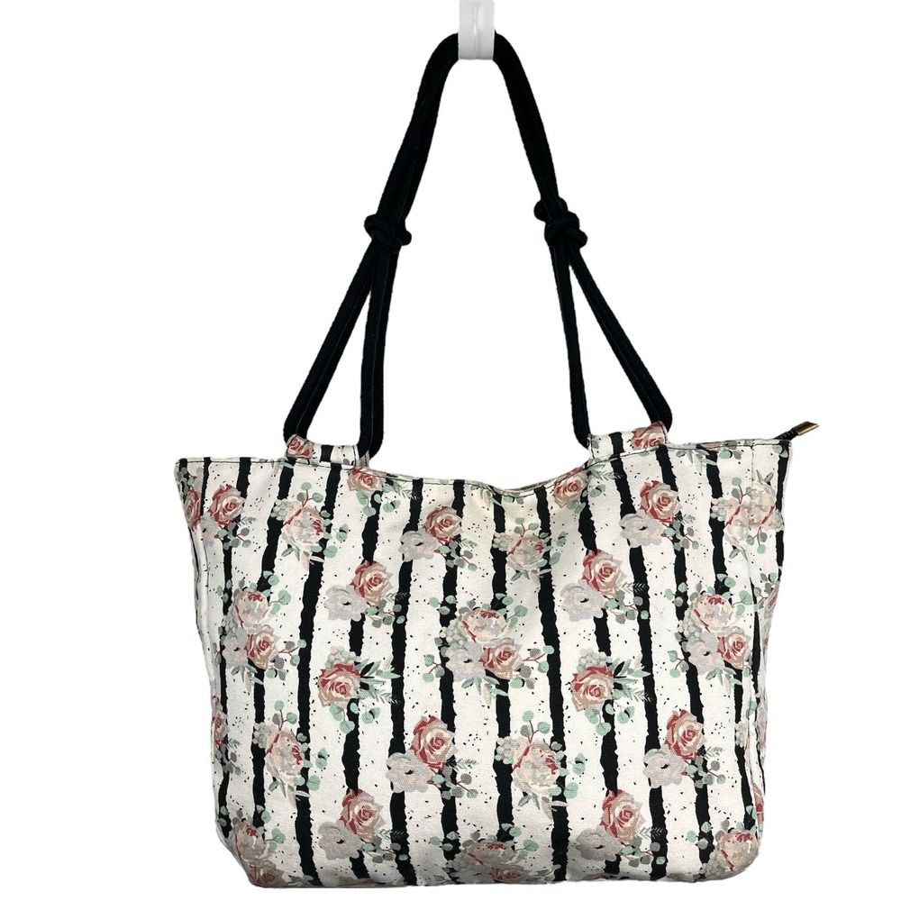 Farmhouse Is My Style Off White Floral Tote Bag Black Rope‎ Handles Zipper Purse